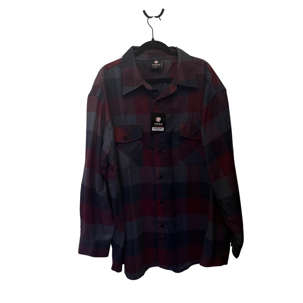 Yago Mens 3XL Burgundy Grey Plaid Flannel Button Down Shirt Long Sleeve NWT